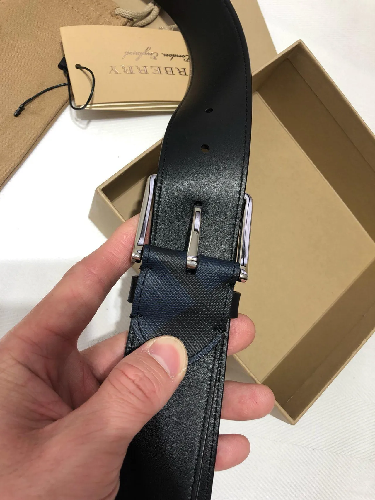 Burberry Black Navy Woven Check Fabric Rectangular Metal Buckle Leather Belt 5