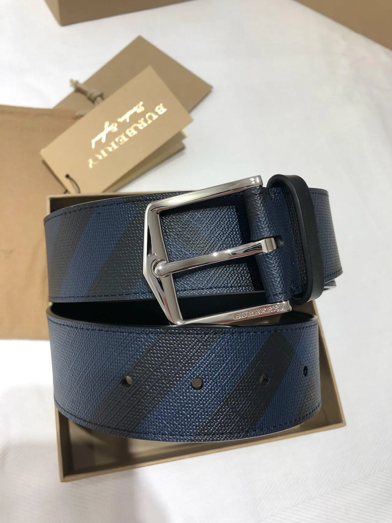 Burberry Black Navy Woven Check Fabric Rectangular Metal Buckle Leather Belt 6