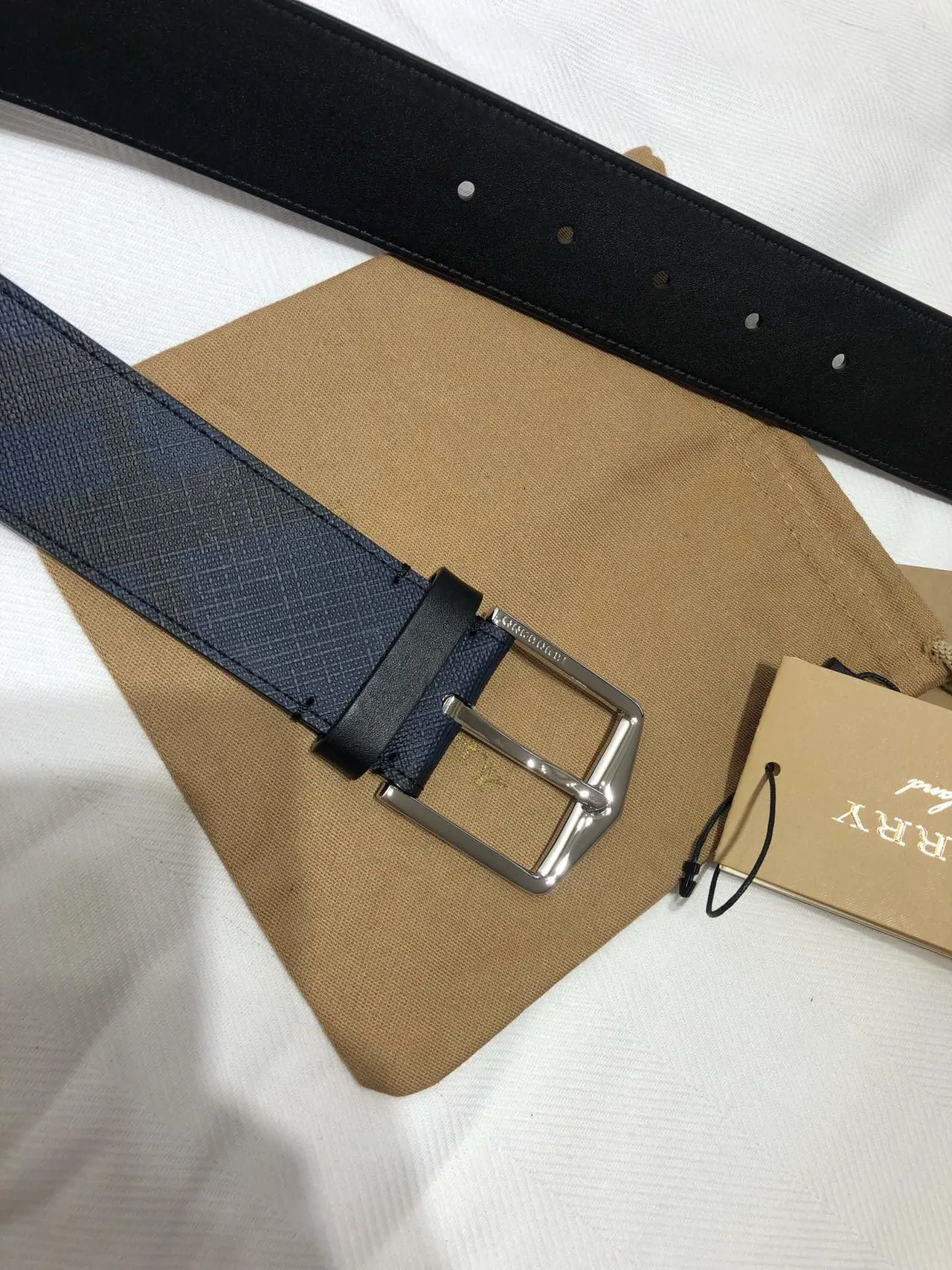 Burberry Black Navy Woven Check Fabric Rectangular Metal Buckle Leather Belt 7