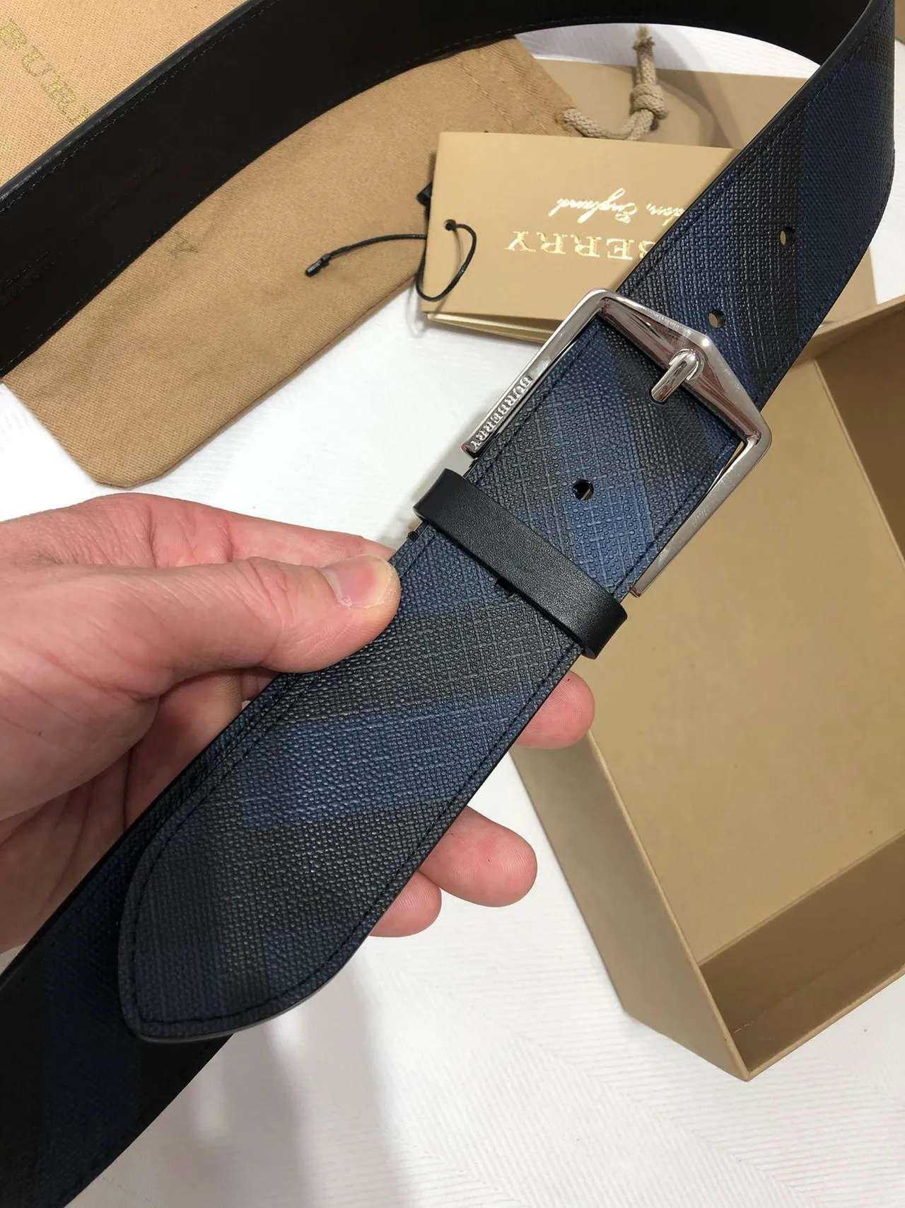 Burberry Black Navy Woven Check Fabric Rectangular Metal Buckle Leather Belt 8