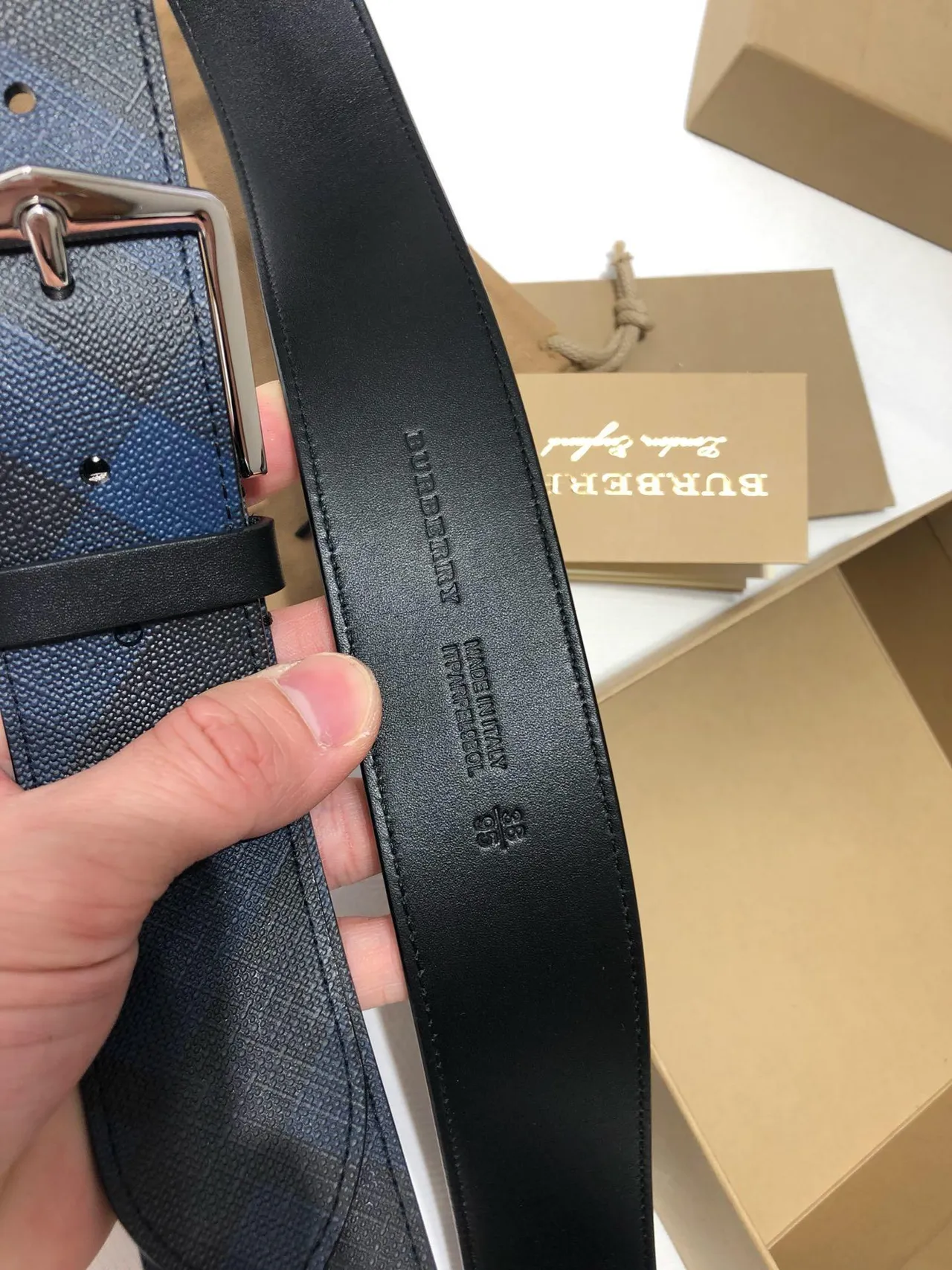 Burberry Black Navy Woven Check Fabric Rectangular Metal Buckle Leather Belt 9