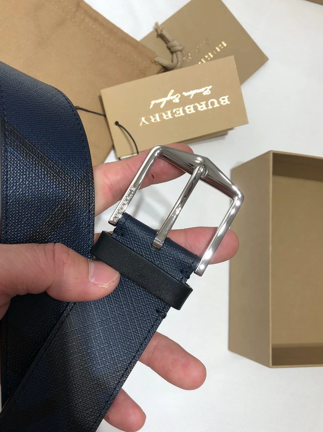 Burberry Black Navy Woven Check Fabric Rectangular Metal Buckle Leather Belt 10