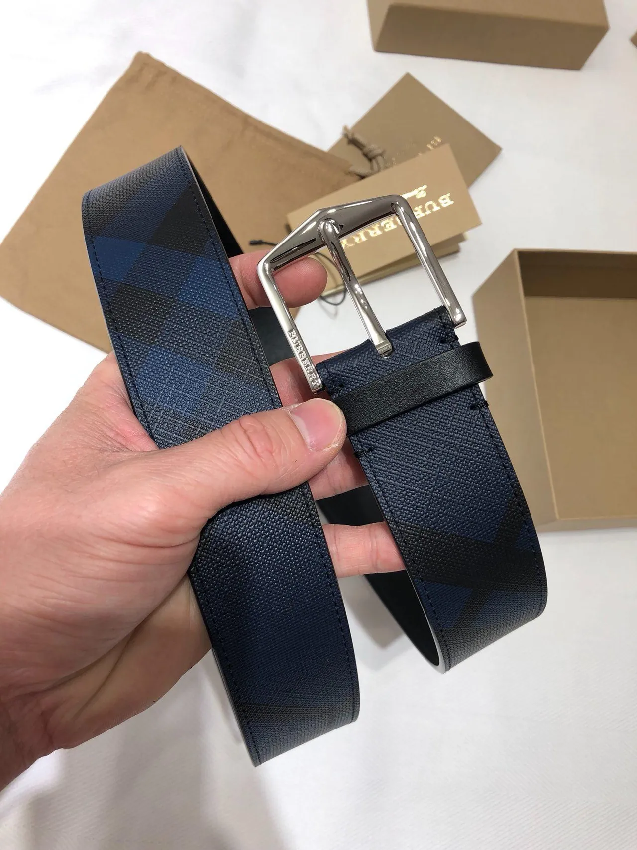 Burberry Black Navy Woven Check Fabric Rectangular Metal Buckle Leather Belt 11