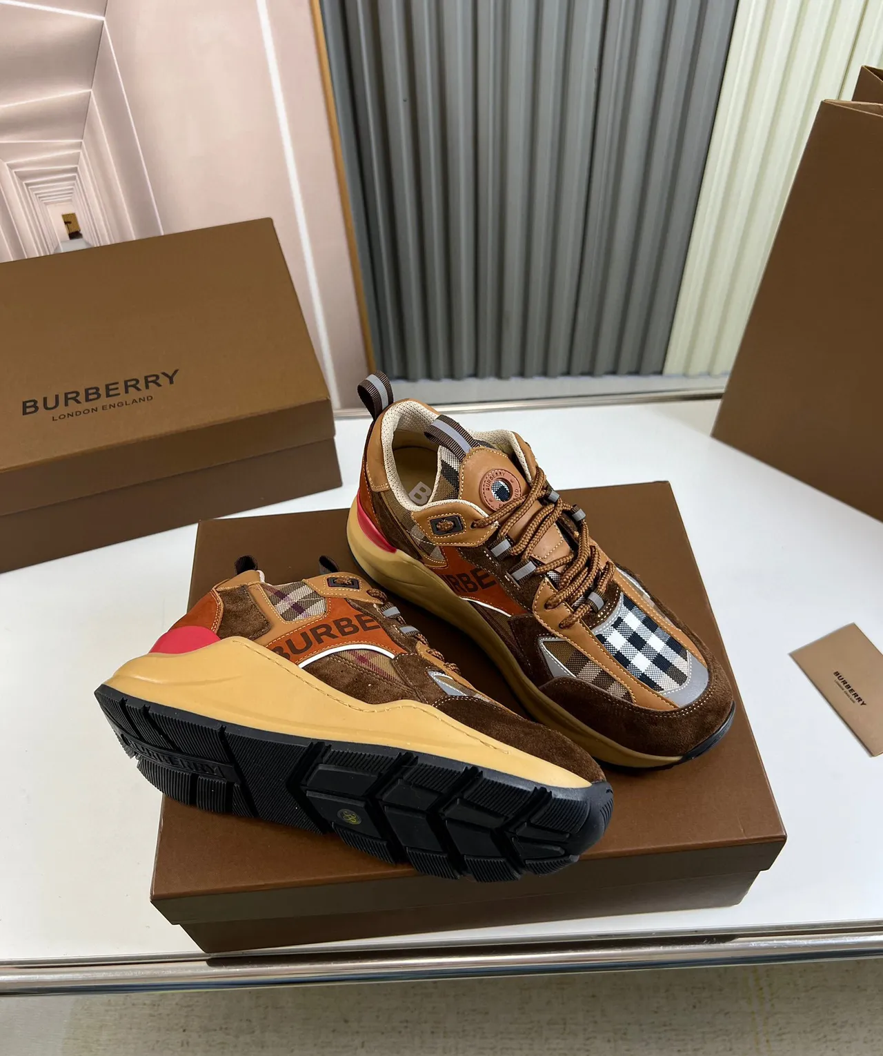 Burberry Brown Beige Sole Mixed-Material Upper Chunky Sneakers 5