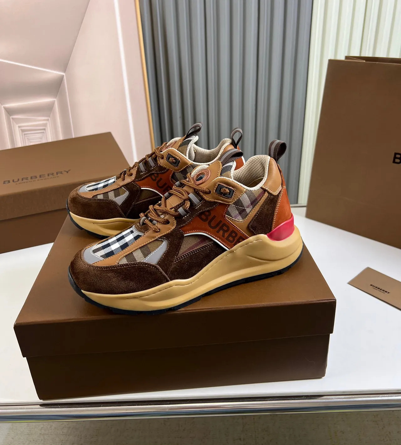 Burberry Brown Beige Sole Mixed-Material Upper Chunky Sneakers 7