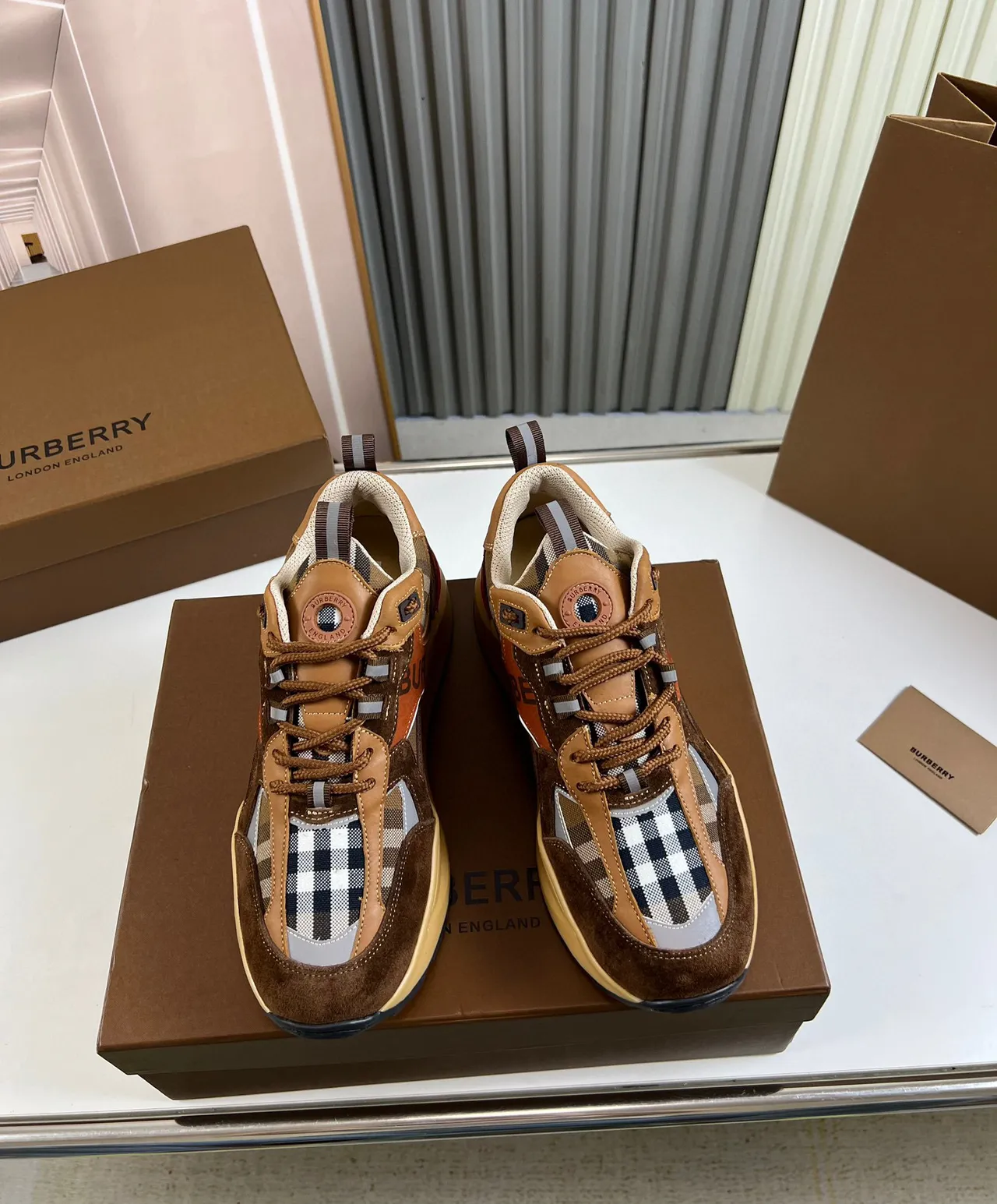 Burberry Brown Beige Sole Mixed-Material Upper Chunky Sneakers 8