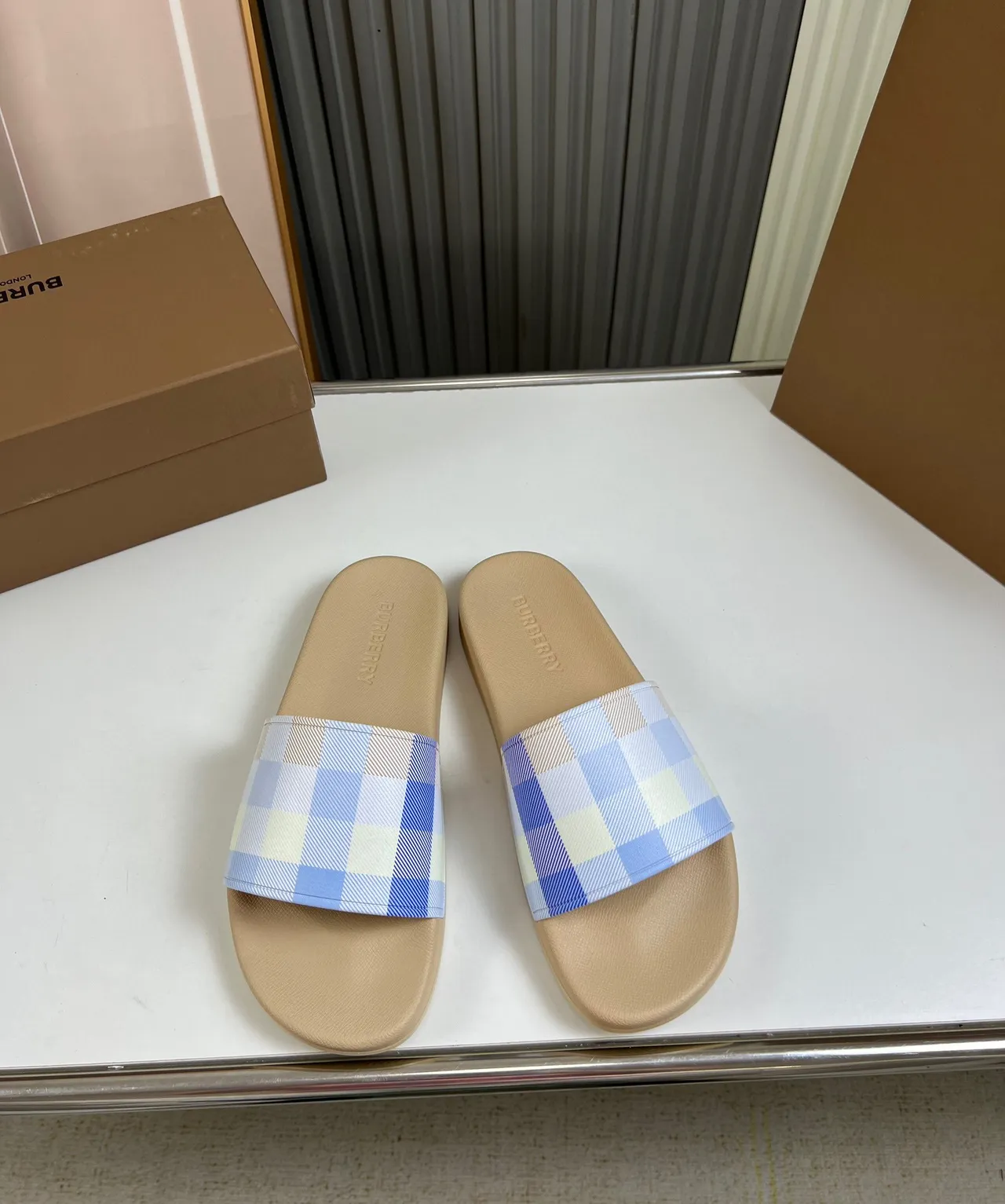 Burberry Check Slide Beige and Pastel Blue Slippers 2