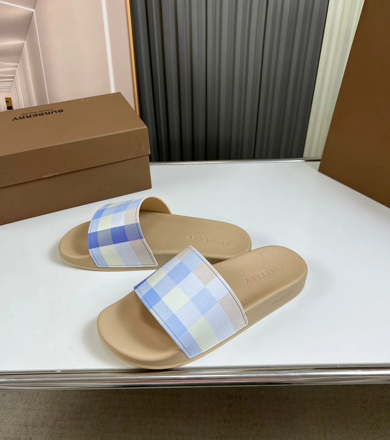 Burberry Check Slide Beige and Pastel Blue Slippers 3