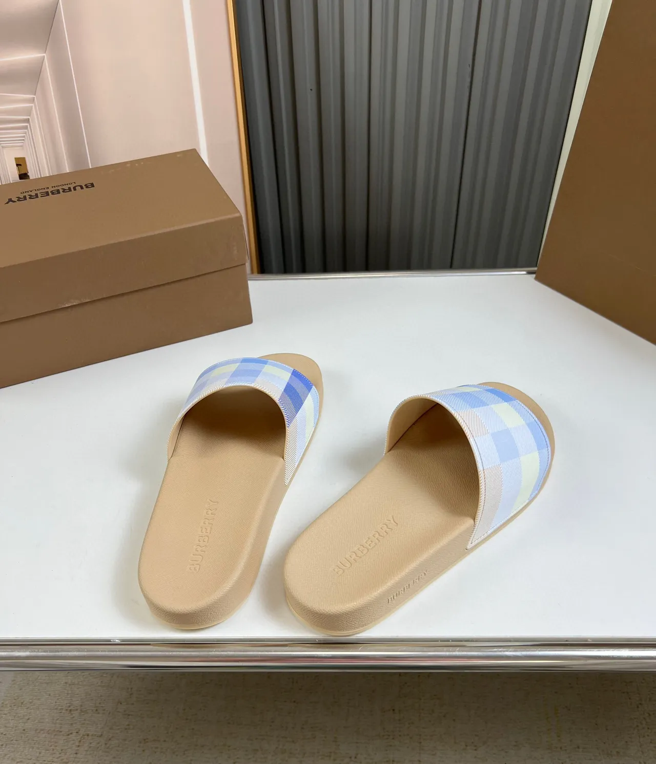 Burberry Check Slide Beige and Pastel Blue Slippers 5
