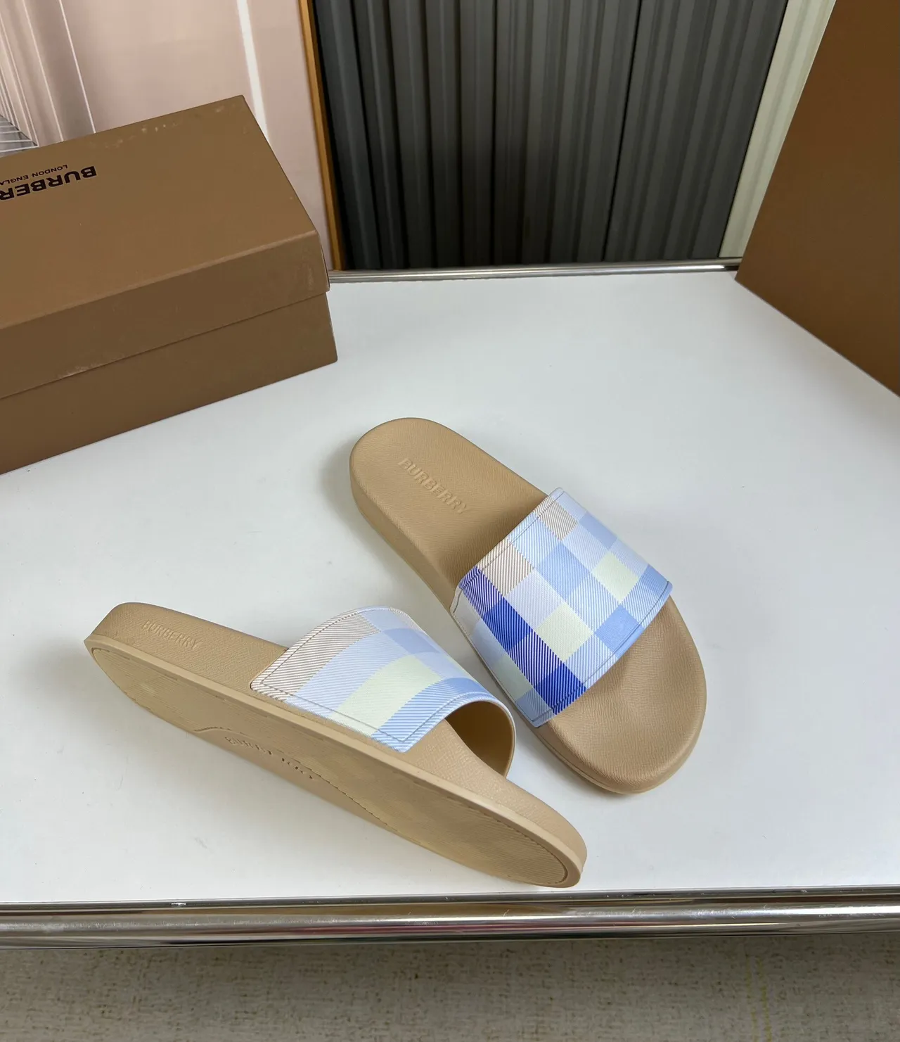 Burberry Check Slide Beige and Pastel Blue Slippers 6
