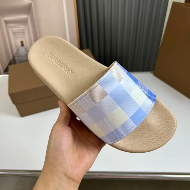 Burberry Check Slide Beige and Pastel Blue Slippers 7