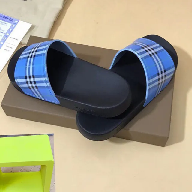 Burberry Check Slide Black and Blue Plaid Slippers 2