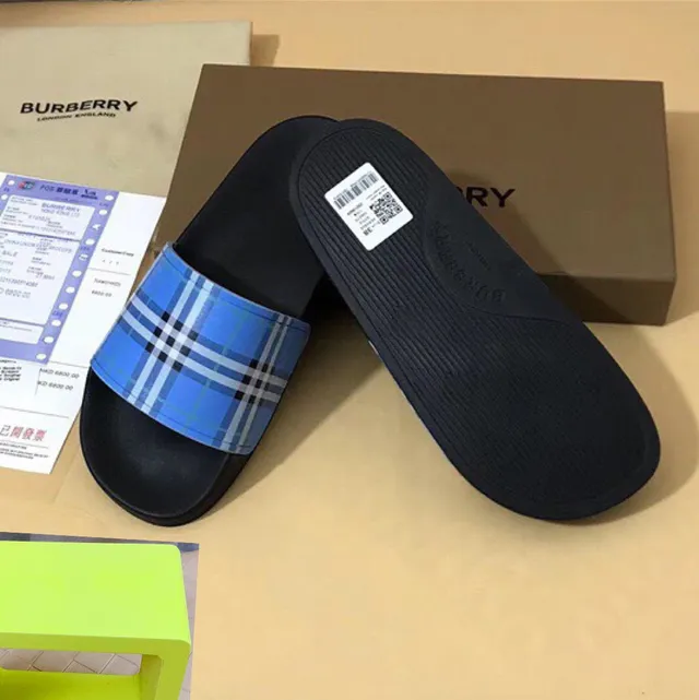 Burberry Check Slide Black and Blue Plaid Slippers 3