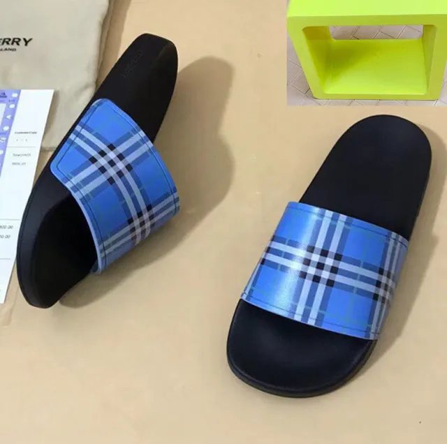 Burberry Check Slide Black and Blue Plaid Slippers 5