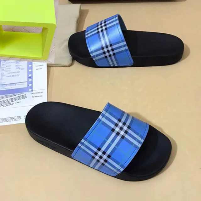 Burberry Check Slide Black and Blue Plaid Slippers 6