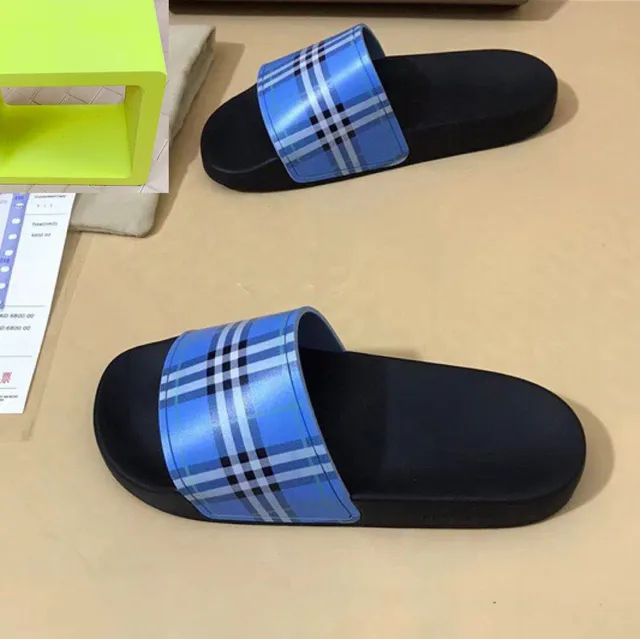 Burberry Check Slide Black and Blue Plaid Slippers 7