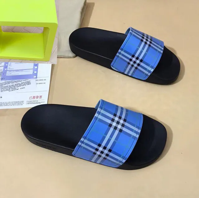 Burberry Check Slide Black and Blue Plaid Slippers 8