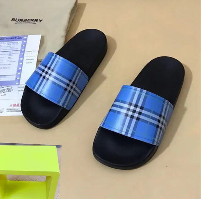 Burberry Check Slide Black and Blue Plaid Slippers 9