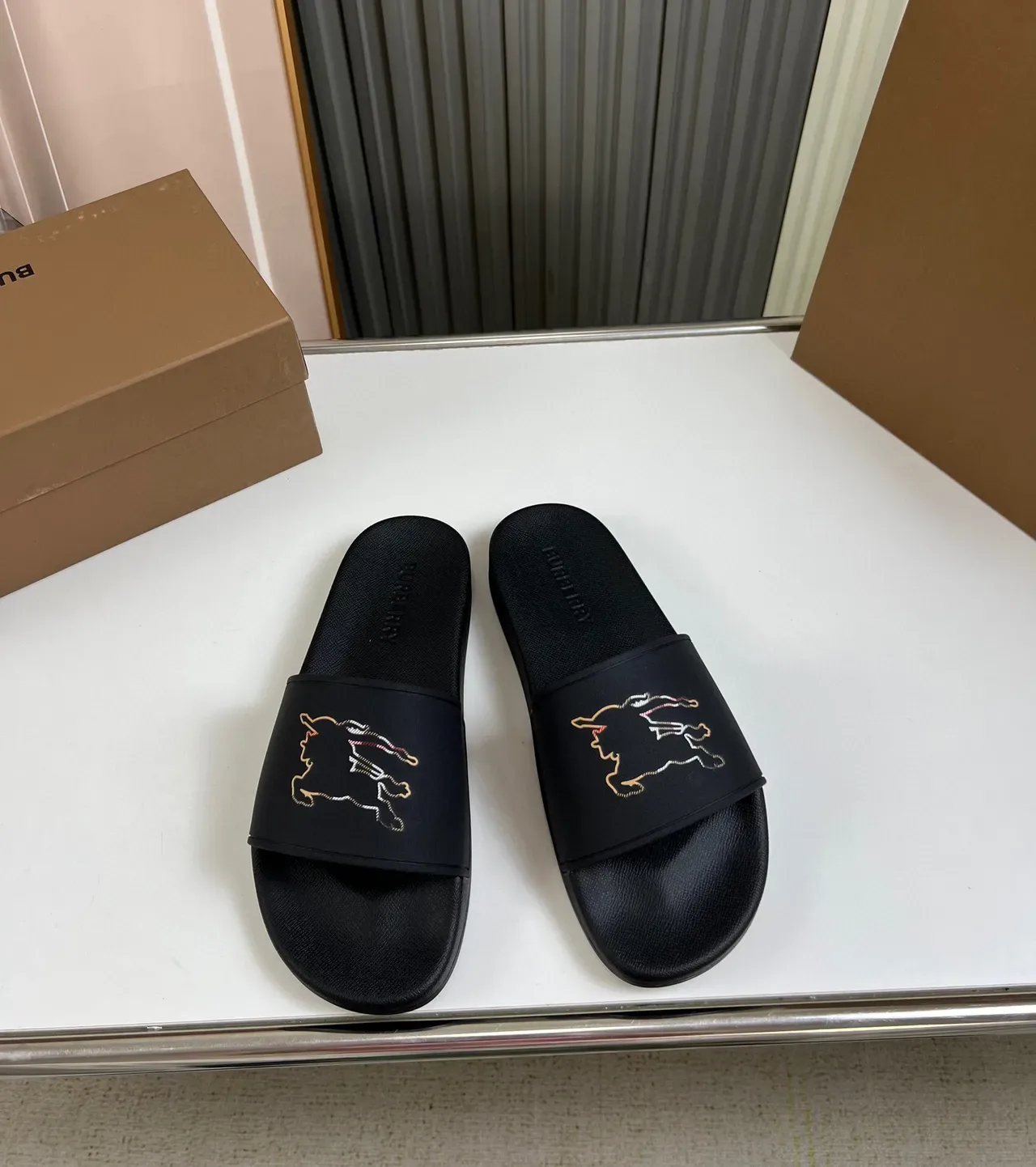 Burberry Horseferry Print Slide Black Embroidered Motif Slippers 2