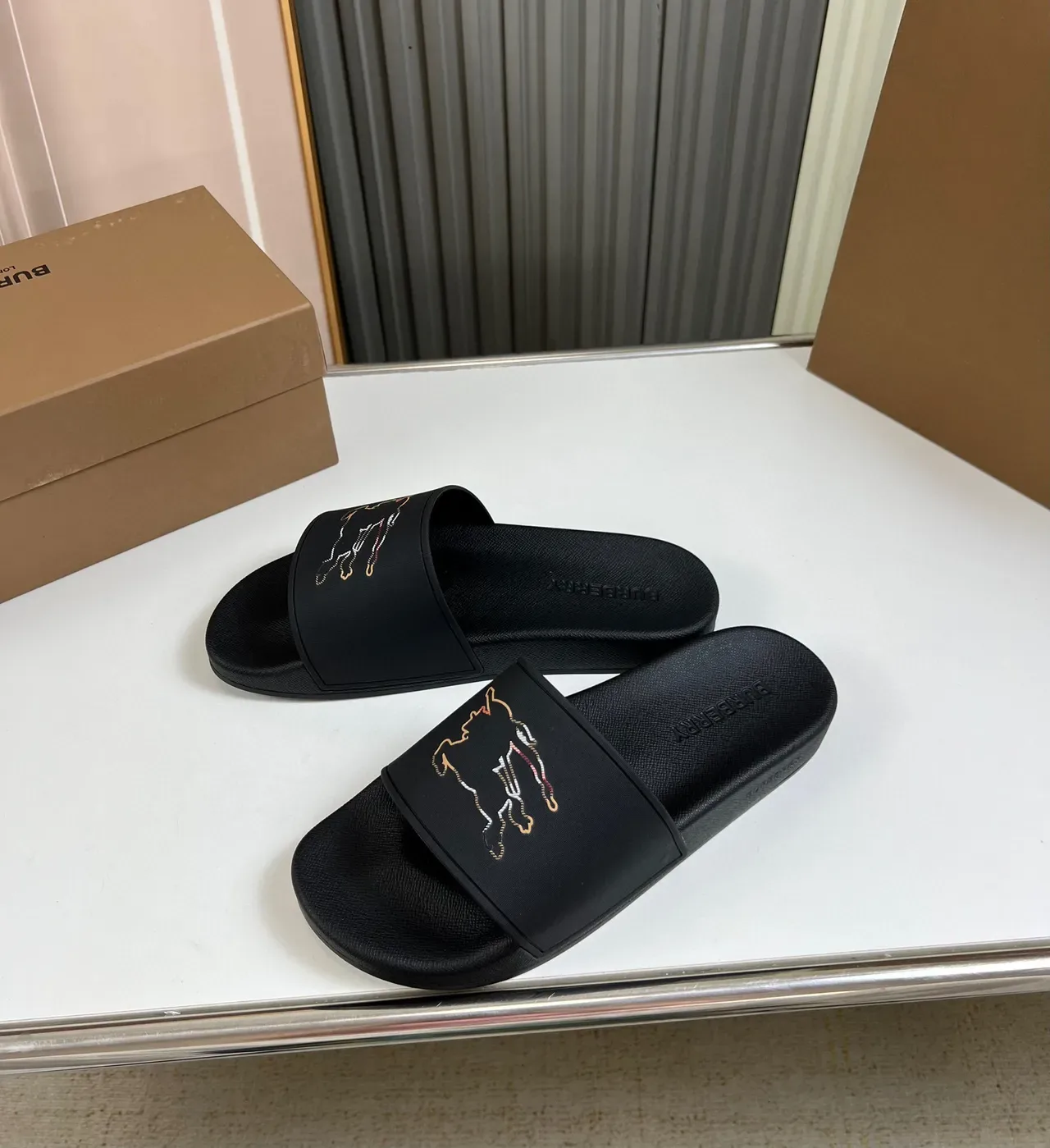 Burberry Horseferry Print Slide Black Embroidered Motif Slippers 3