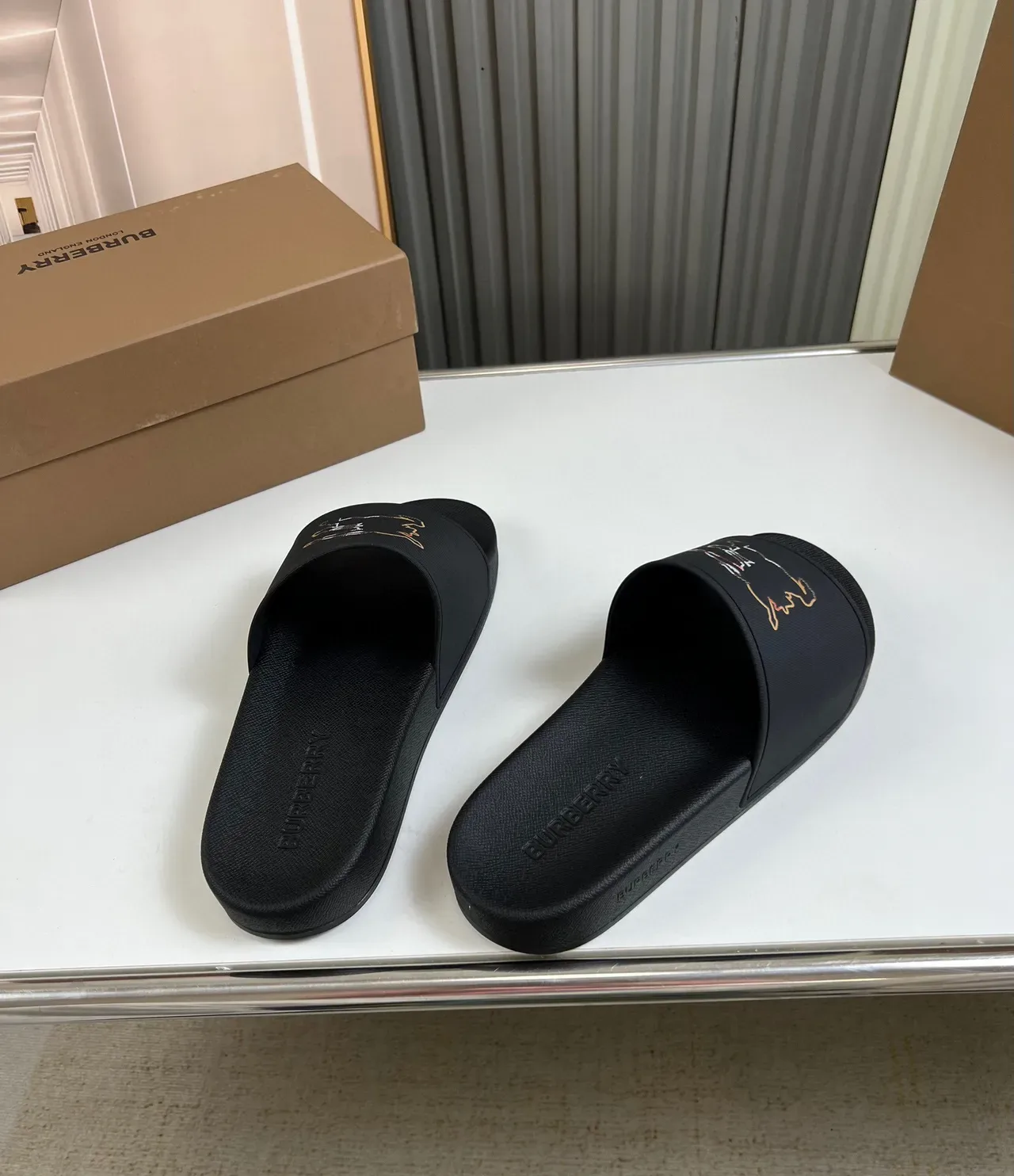 Burberry Horseferry Print Slide Black Embroidered Motif Slippers 4
