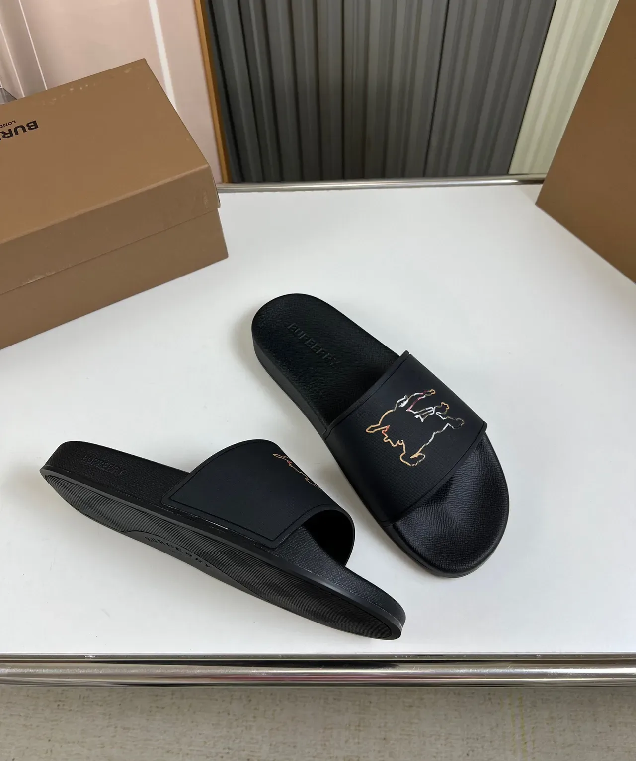 Burberry Horseferry Print Slide Black Embroidered Motif Slippers 5