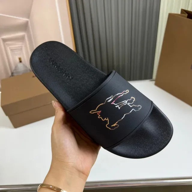 Burberry Horseferry Print Slide Black Embroidered Motif Slippers 6