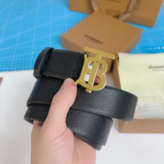 Burberry TB Belt Black Pebbled Leather Gold-Tone Monogram Buckle Leather Belt