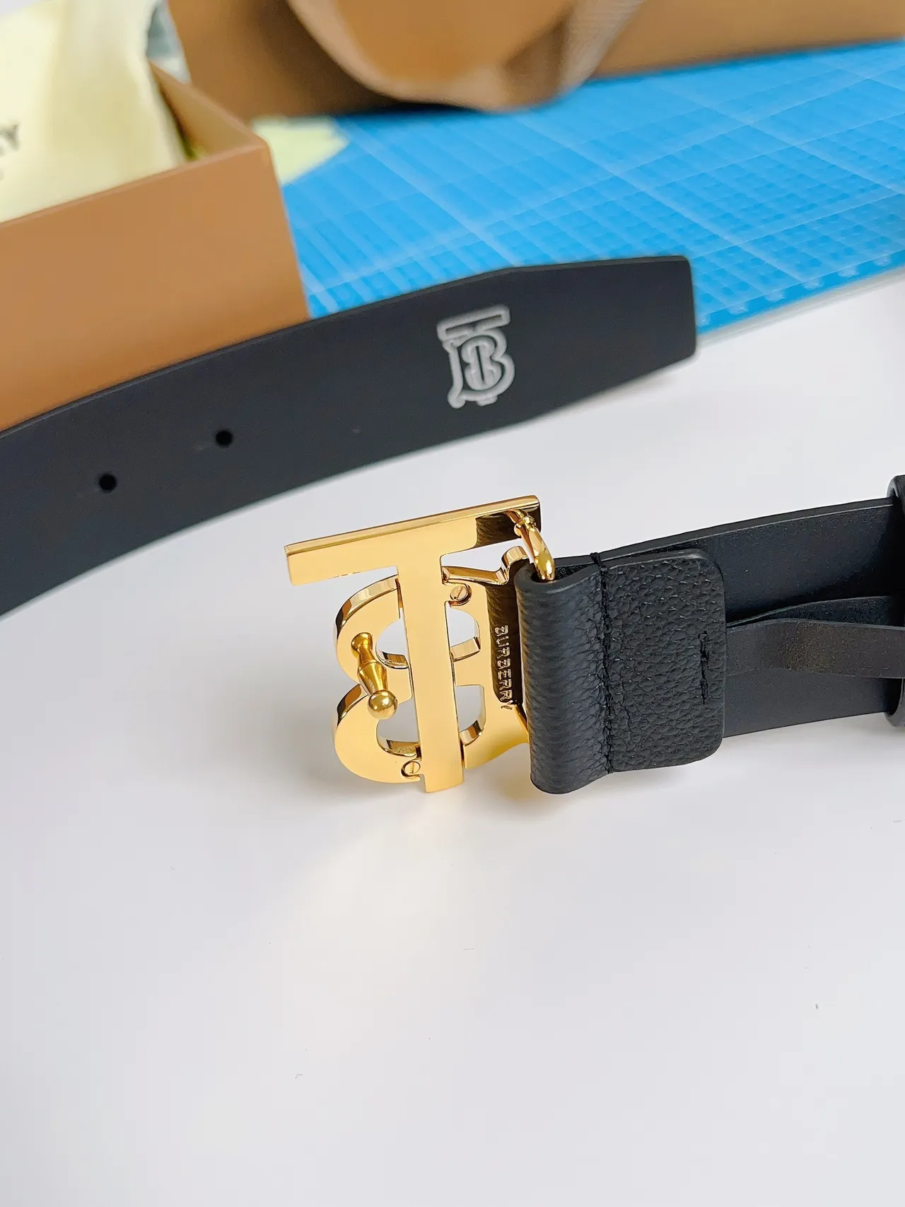 Burberry TB Belt Black Pebbled Leather Gold-Tone Monogram Buckle Leather Belt 4