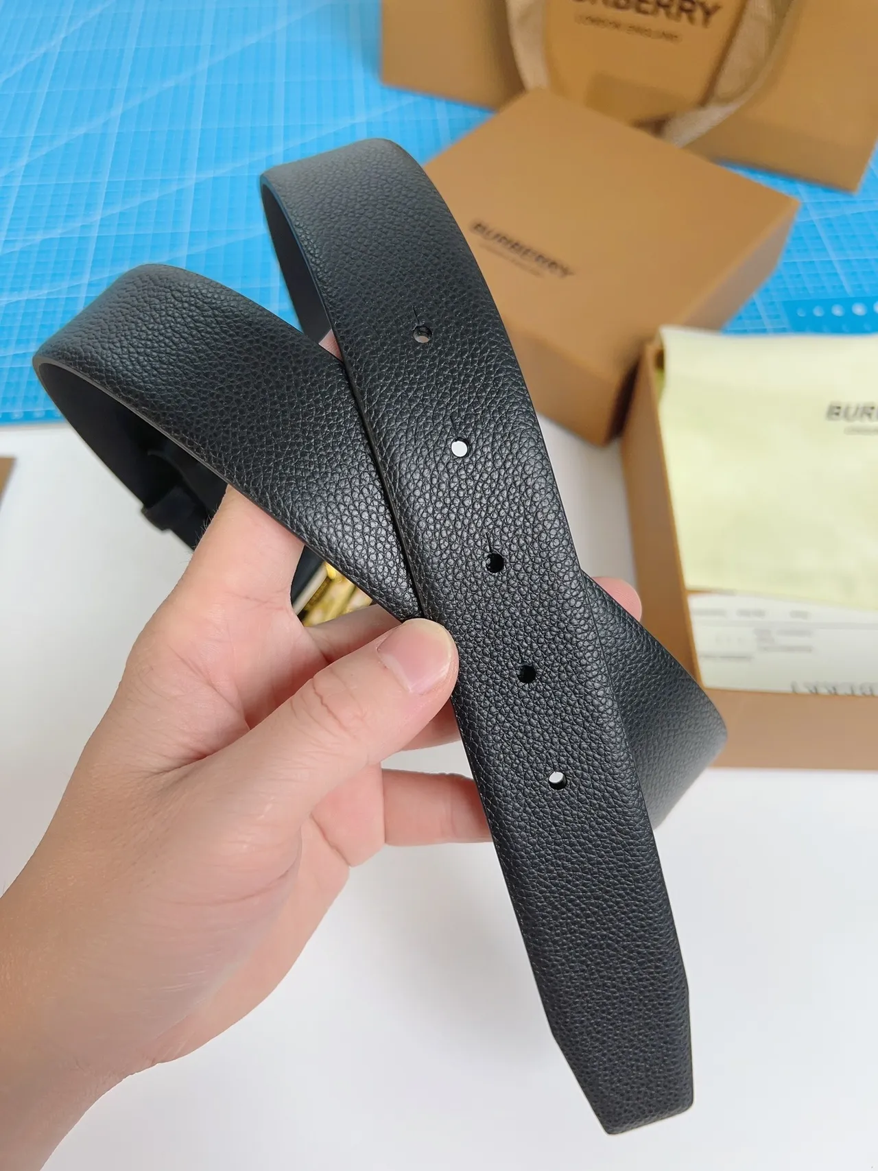 Burberry TB Belt Black Pebbled Leather Gold-Tone Monogram Buckle Leather Belt 6
