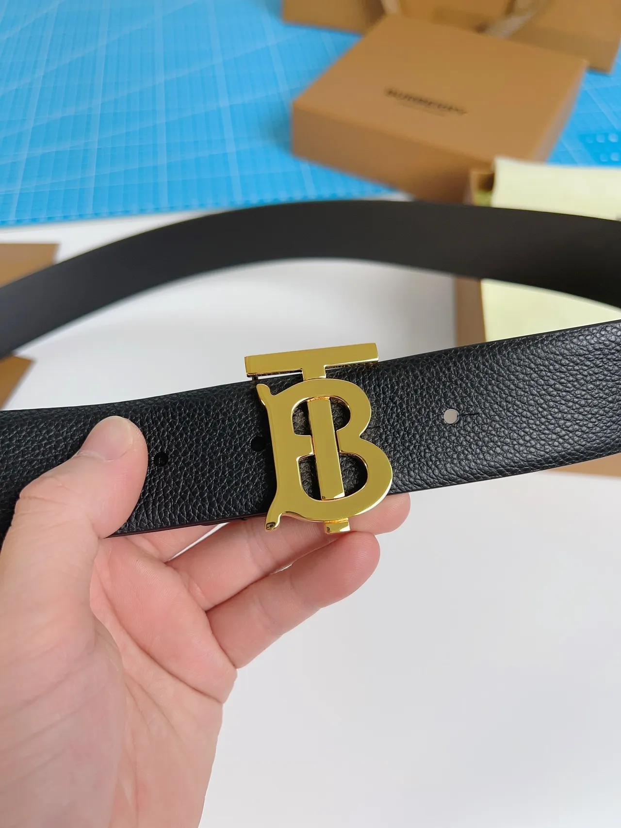 Burberry TB Belt Black Pebbled Leather Gold-Tone Monogram Buckle Leather Belt 7