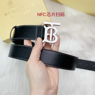 Burberry TB Belt Black White Monogram Buckle Contrast Stitching Leather Belt