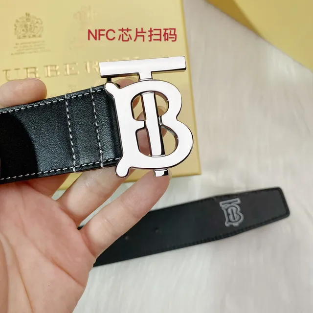 Burberry TB cinto preto branco monograma fivela costura contraste cinto de couro 6