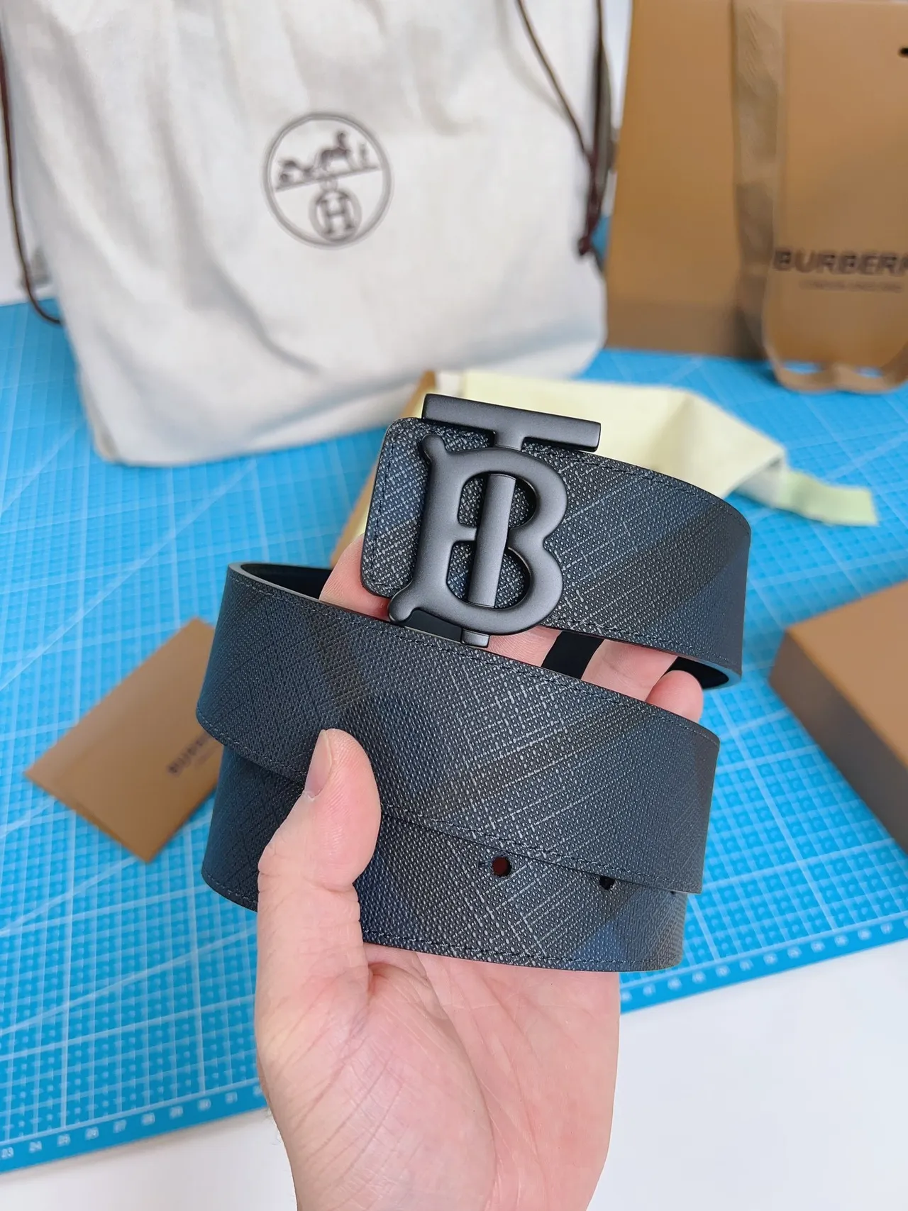 Burberry TB Belt Charcoal Gray Check Leather Belt 4
