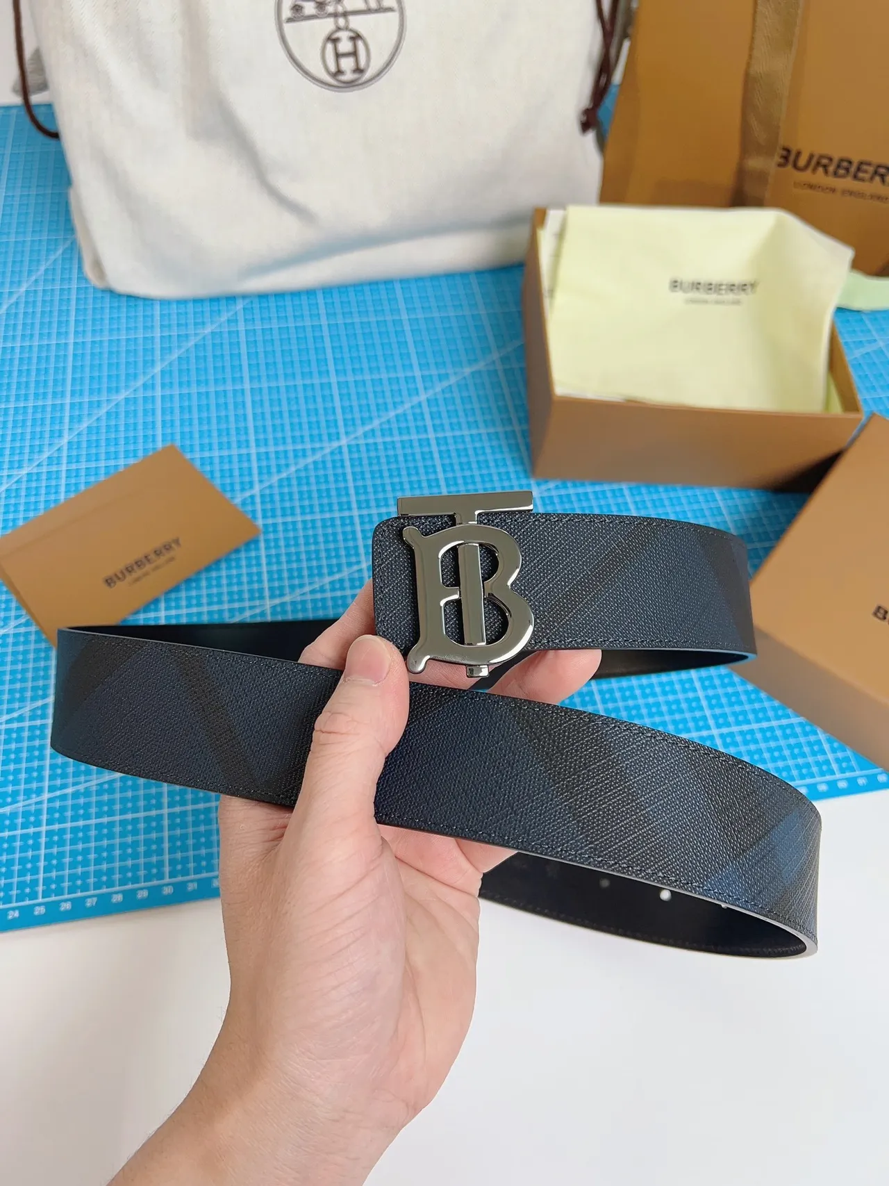 Burberry TB Belt Dark Gray Tonal Check Leather Belt 7