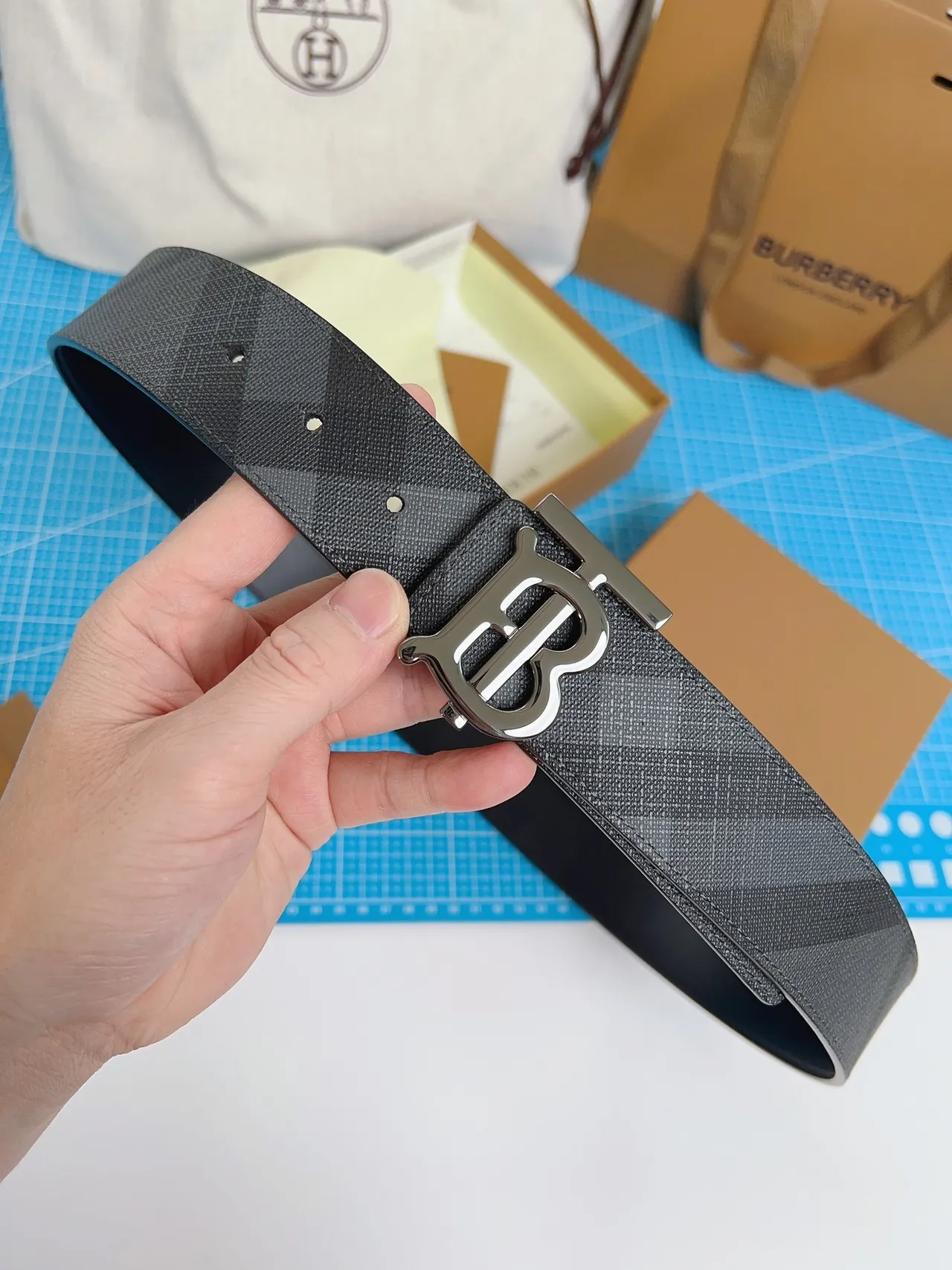 Burberry TB Belt Gray House Check Leather Belt 2