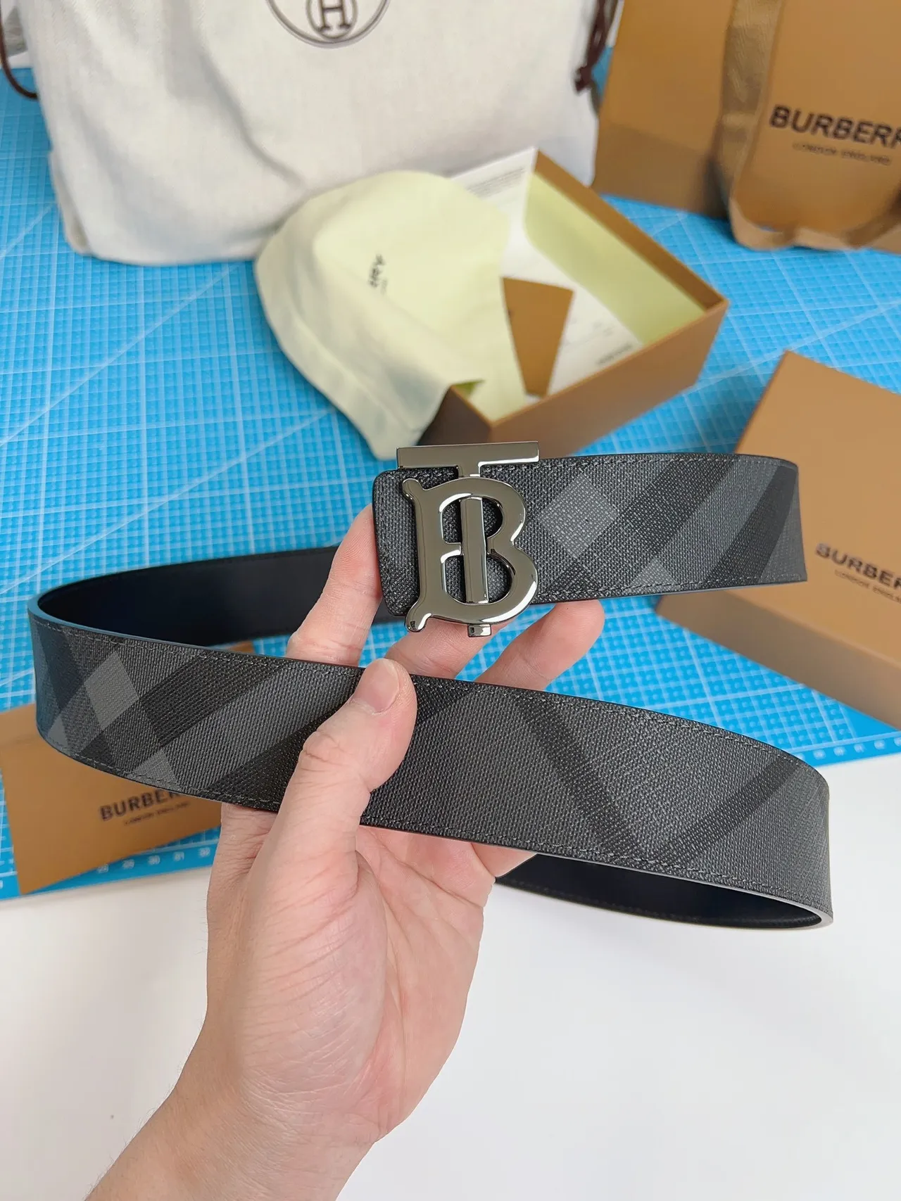 Burberry TB Belt Gray House Check Leather Belt 3
