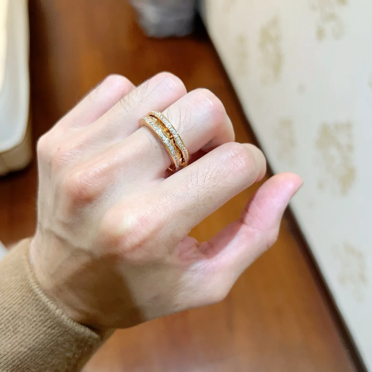 Bvlgari Gold Silver Triple-Band Pavé-Set Ring 8