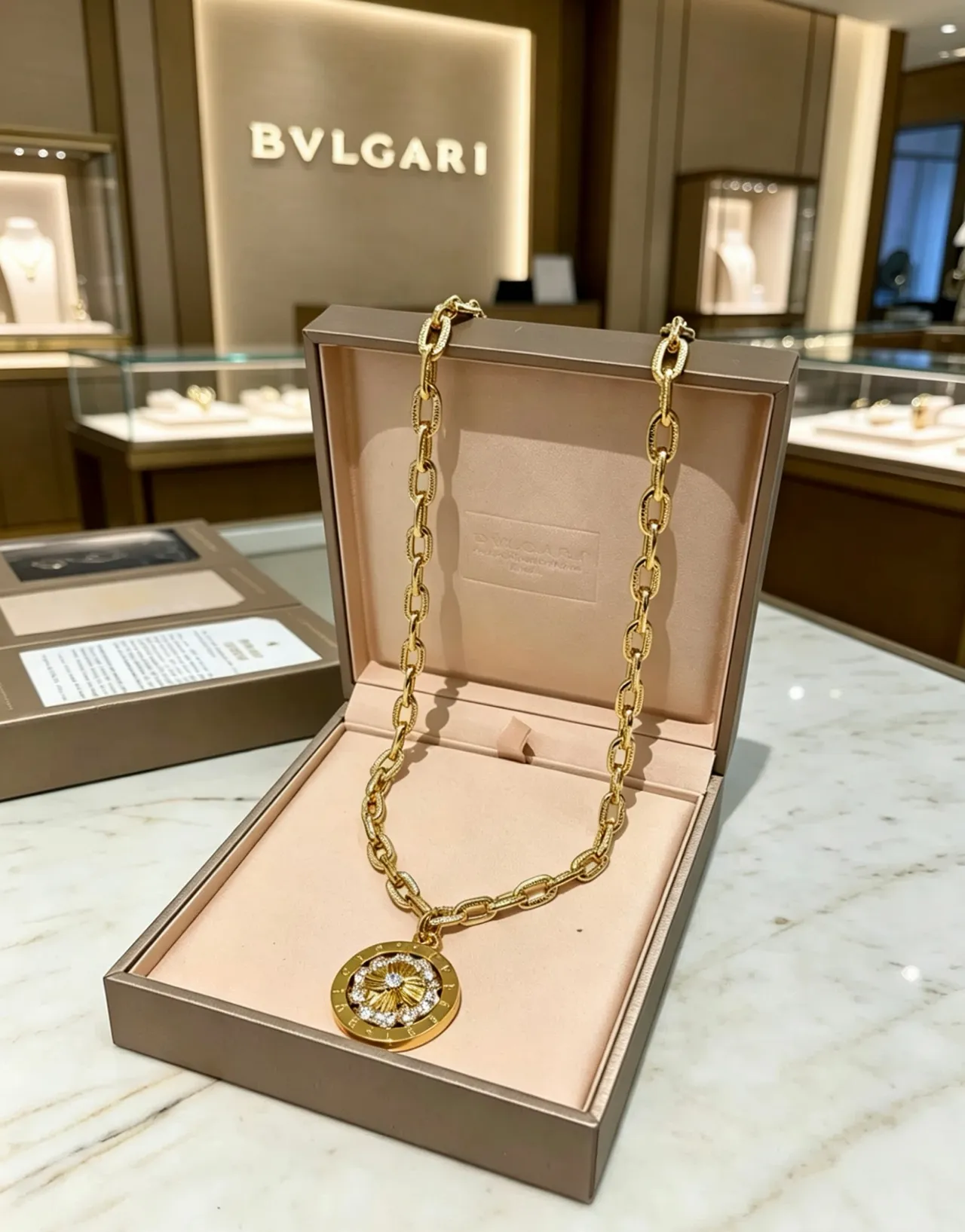 Bvlgari Gold White Chain Link Circular Medallion Pendant Necklace 6