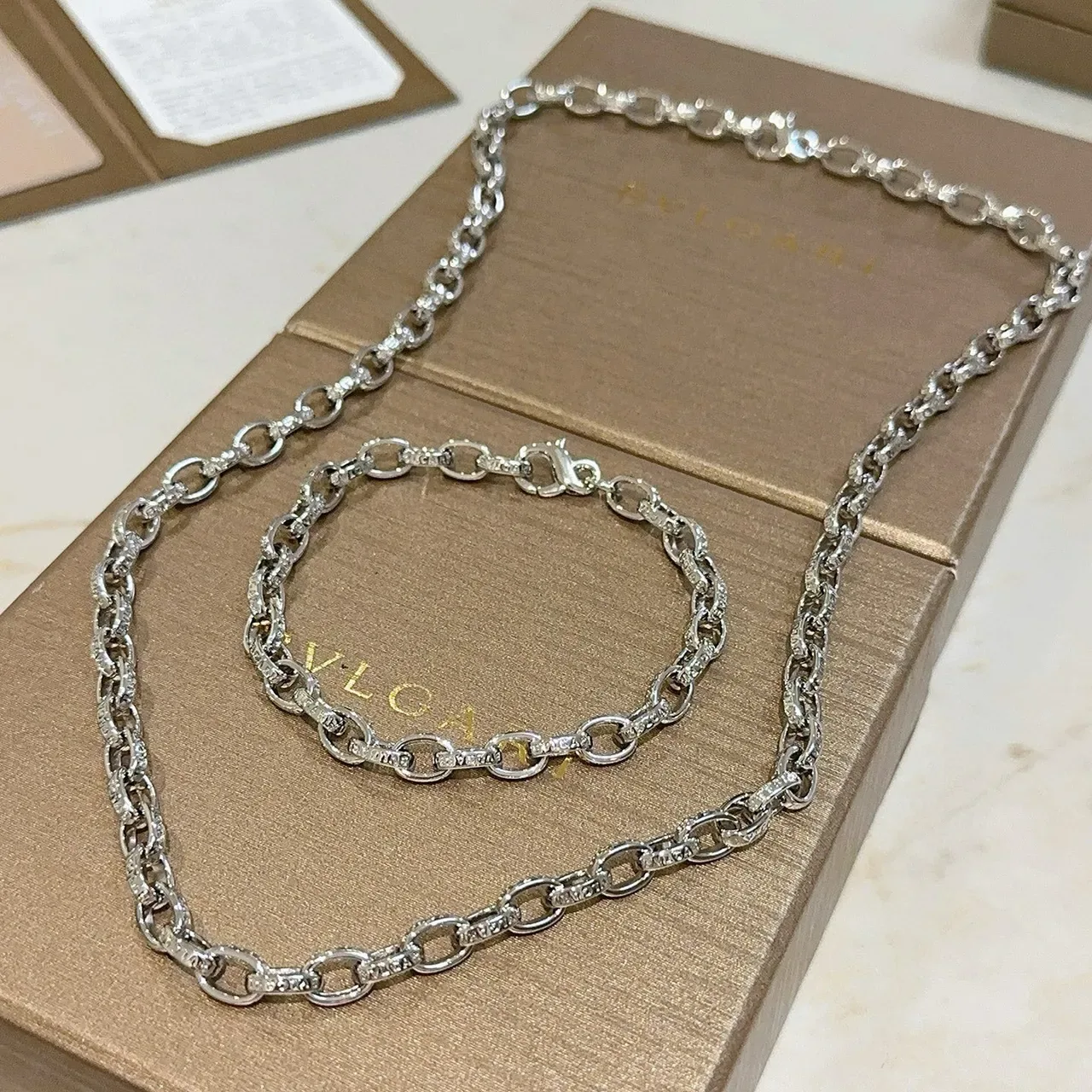 Bvlgari चांदी टोन ओवल लिंक पवसेट माला 5