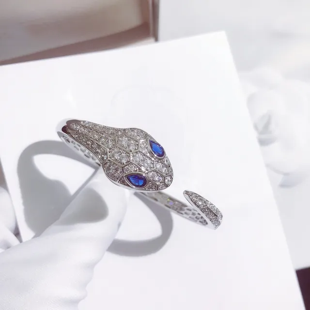 Bvlgari Silver Blue Snake-Head Motif Hexagonal Pavé Setting Bracelet 4