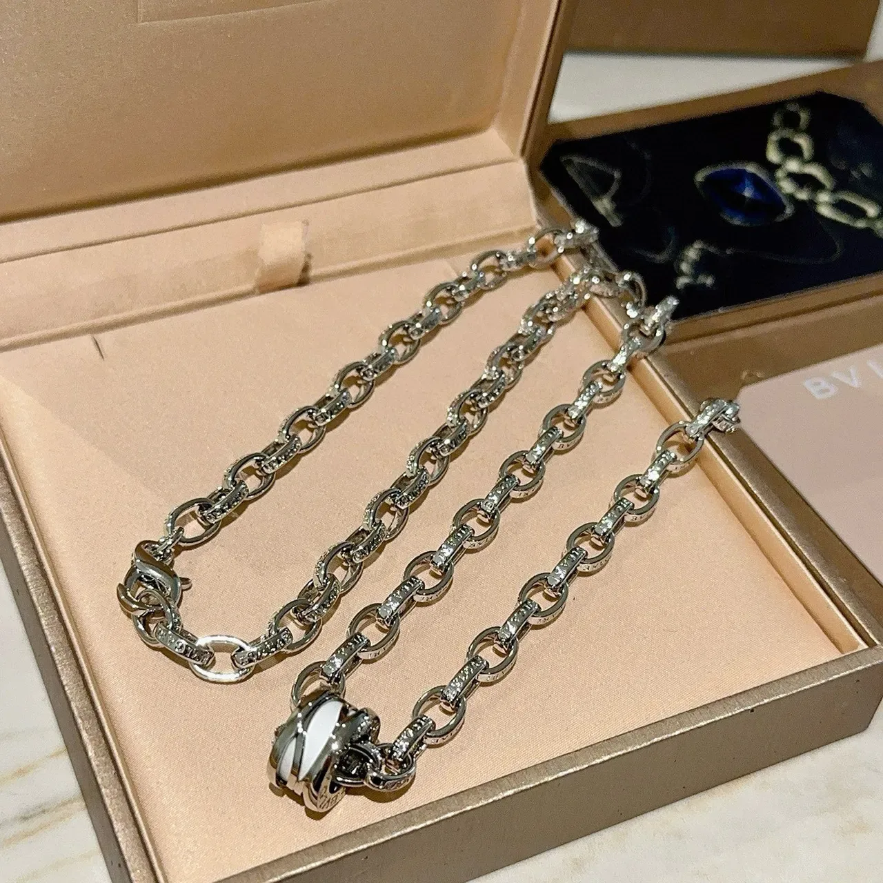 Bvlgari Silver White Oval-Link Chain Pavé-Set Accents Necklace 3