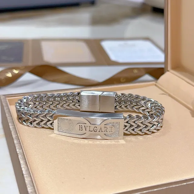 Bvlgari 银色 编织 锯齿链 中央雕刻花板 手链 6