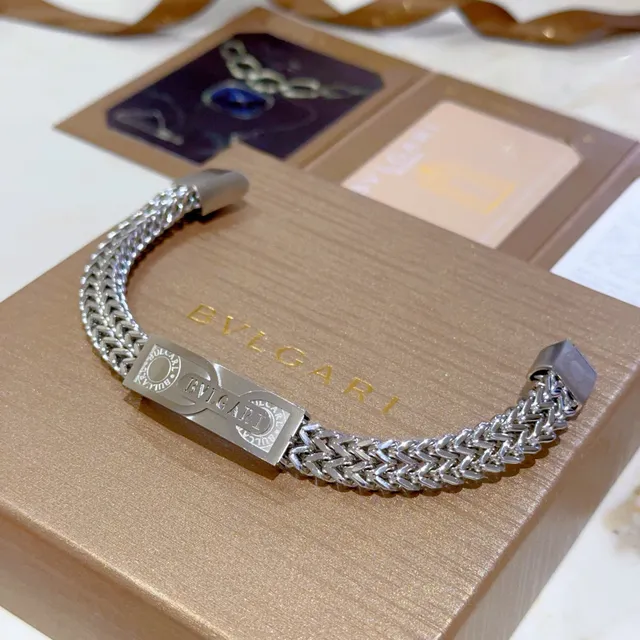 Bvlgari 银色 编织 锯齿链 中央雕刻花板 手链 8
