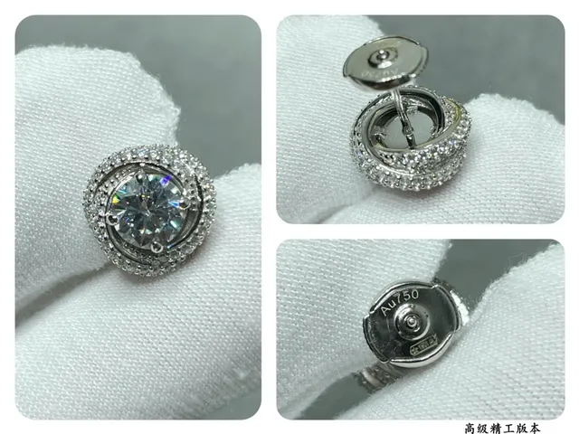 Cartier Argentées Transparentes Double-Halo Monture Pavé Brillante Ronde Pierre Centrale Boucles d'Oreilles 5