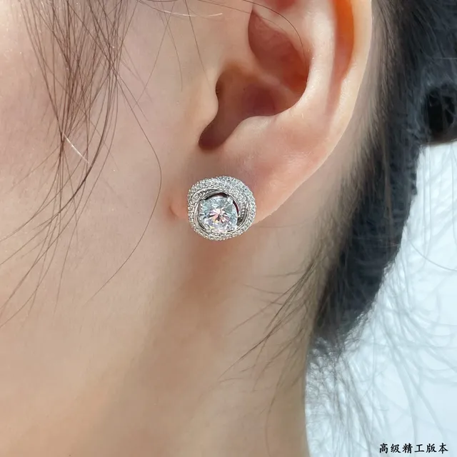 Cartier Argentées Transparentes Double-Halo Monture Pavé Brillante Ronde Pierre Centrale Boucles d'Oreilles 8