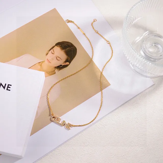 Celine Logo قلادة ذهبية وفضية Pavé كريستال قلادات 3
