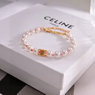 Celine Triomphe ذهب أبيض لؤلؤ مربوط سوار مشبك