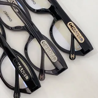 Chanel Black Gold Glossy Acetate Rectangular Frame Optical Glasses