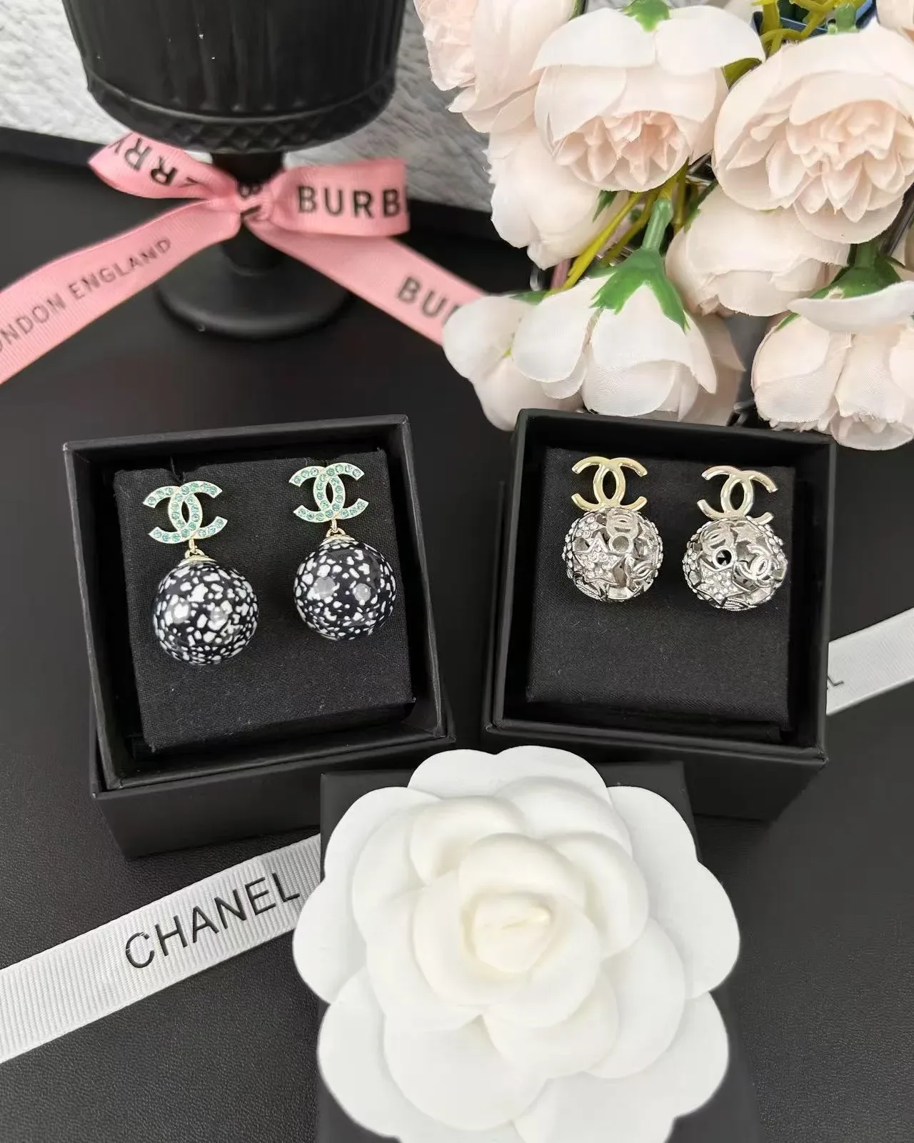 Chanel Black White Speckled Resin Sphere Gold-Tone Drop Construction Earrings 6